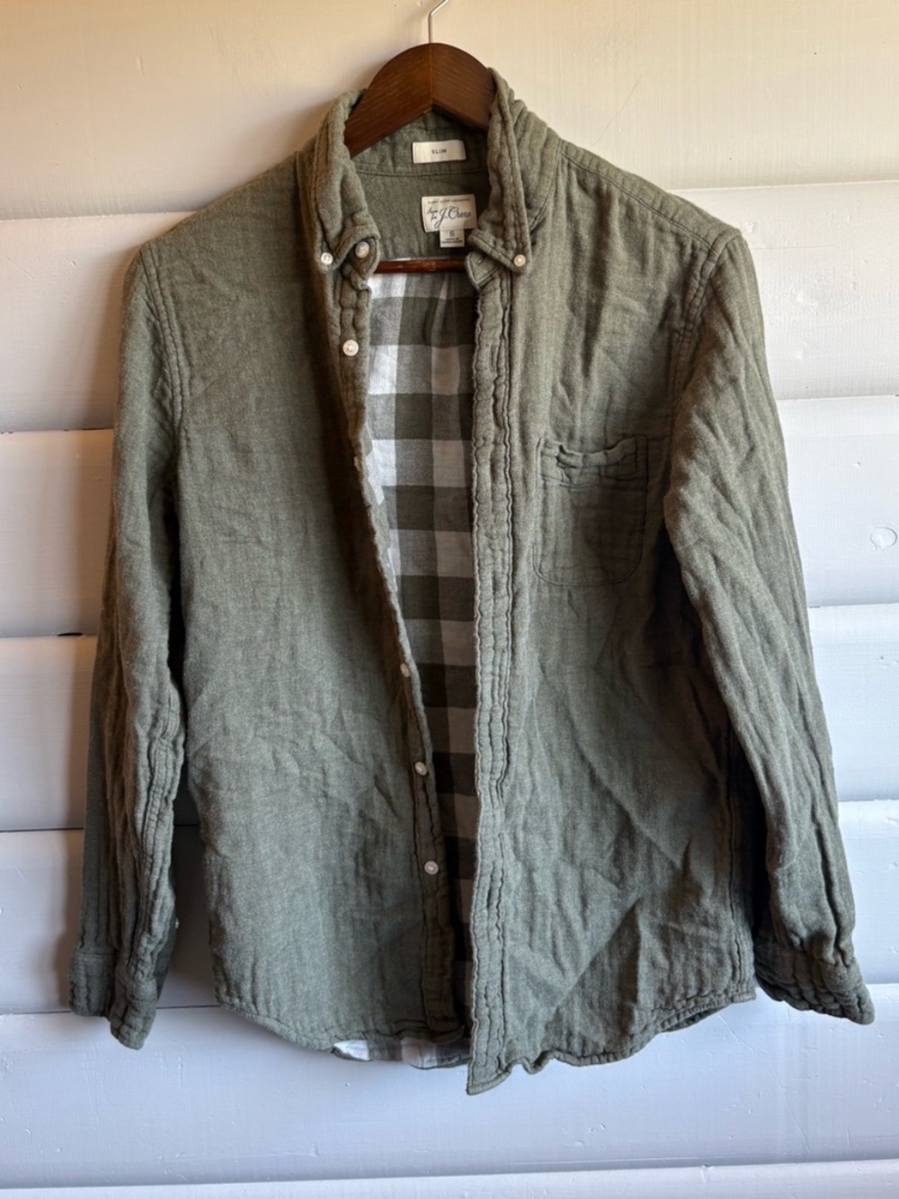 J.Crew Double Cloth Muslin Cotton Button-Up Shirt Olive Buffalo Plaid Slim Small